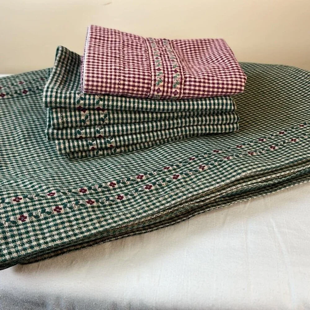 Holiday Decor Bundle Placemats, Pillow‎ Sham and Napkins Green Beige Gingham